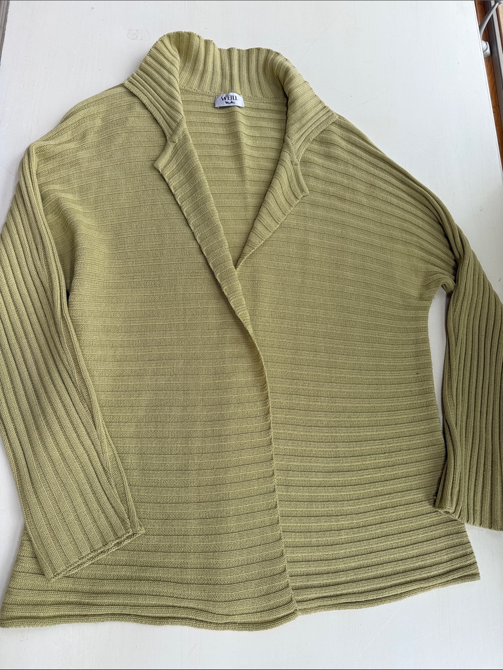 WEILL Olive Green Ribbed Shawl-Collar Open Cardigan